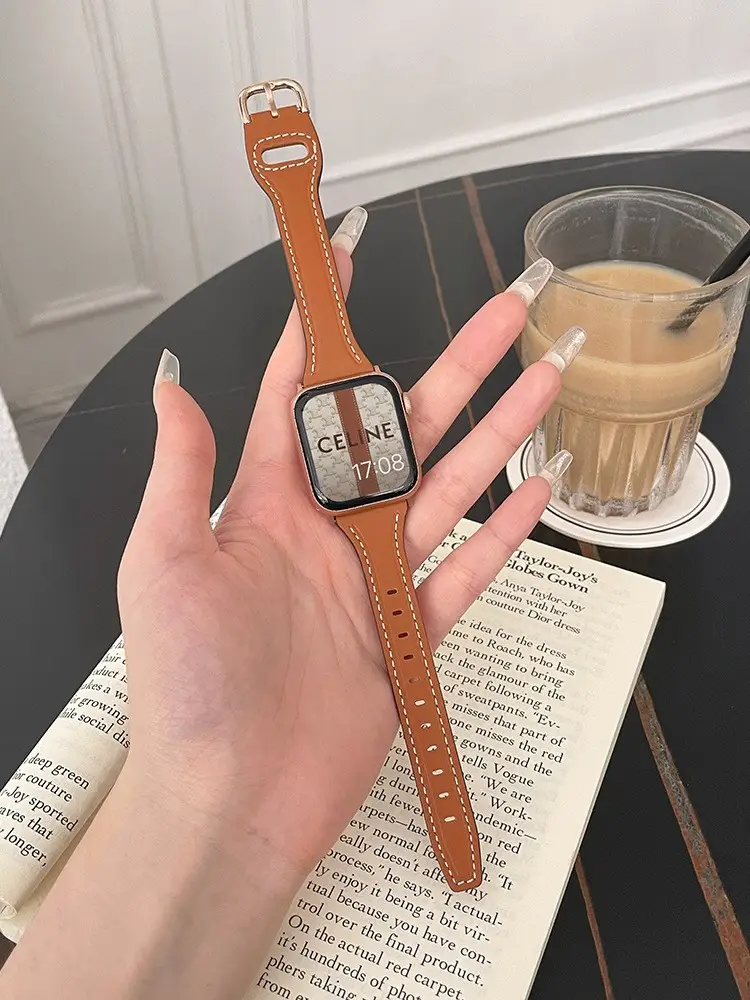 Women's Gold Apple Watch with Brown Leather Strap - Image 6