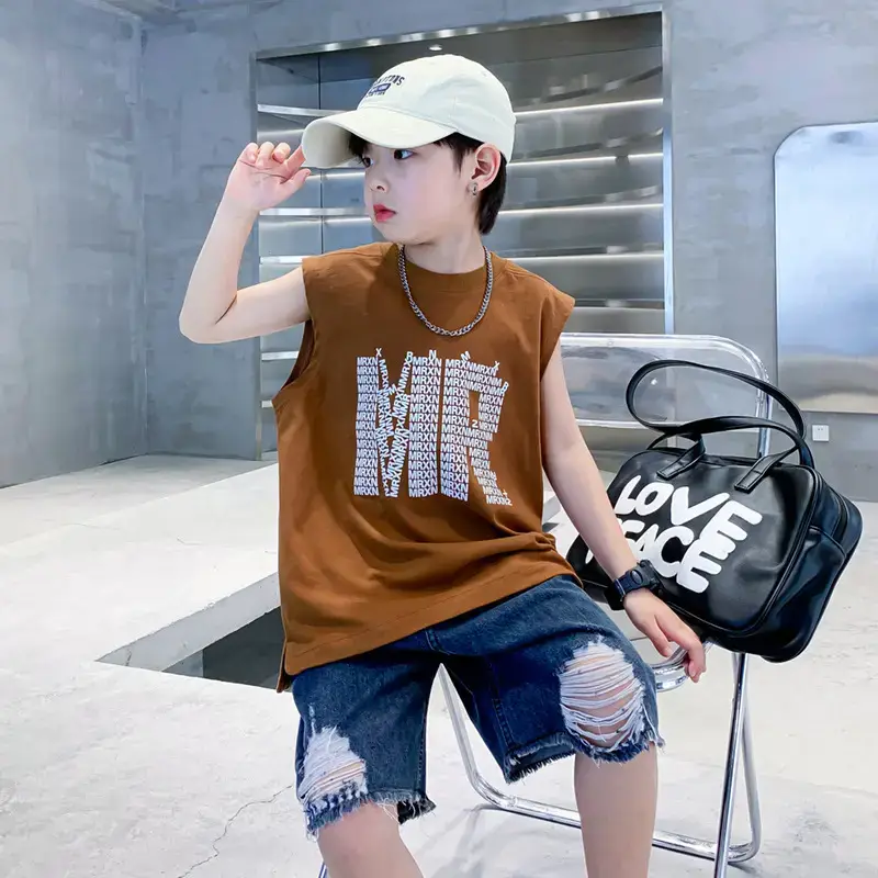 Trendy Boys Sleeveless Cotton T-Shirt Green 2023 - Image 3