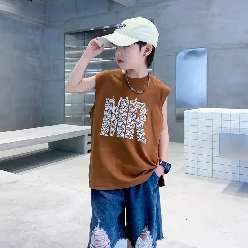 Trendy Boys Sleeveless Cotton T-Shirt Green 2023 - Image 4