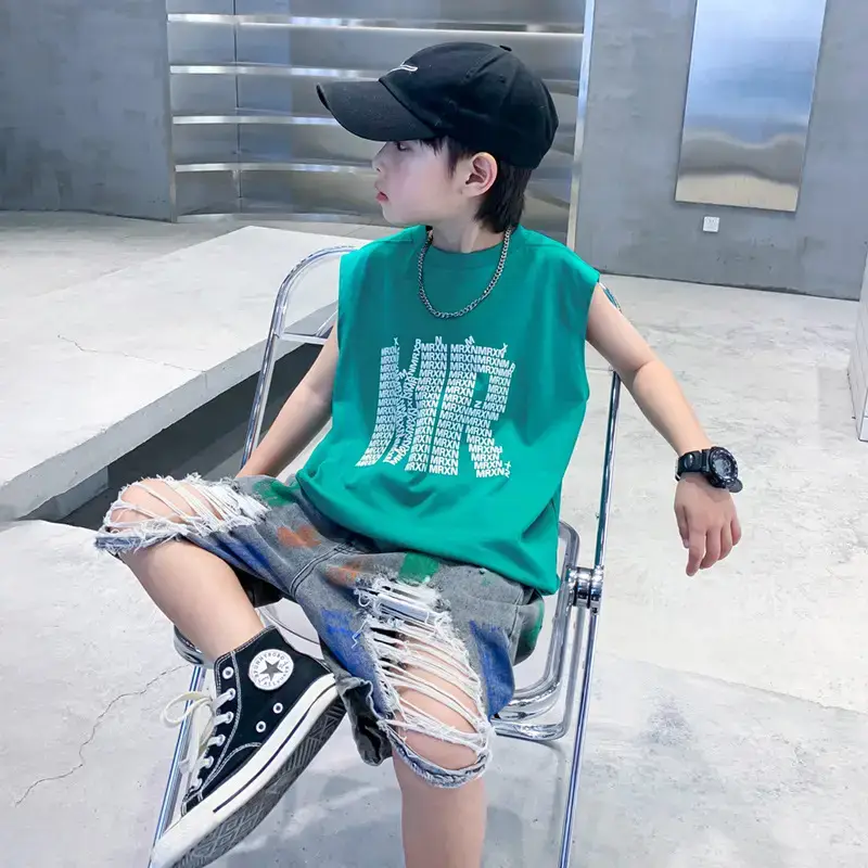 Trendy Boys Sleeveless Cotton T-Shirt Green 2023 - Image 5
