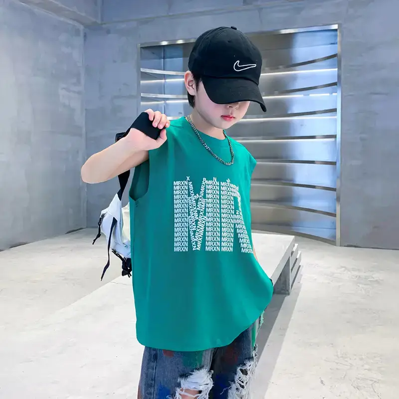 Trendy Boys Sleeveless Cotton T-Shirt Green 2023 - Image 6