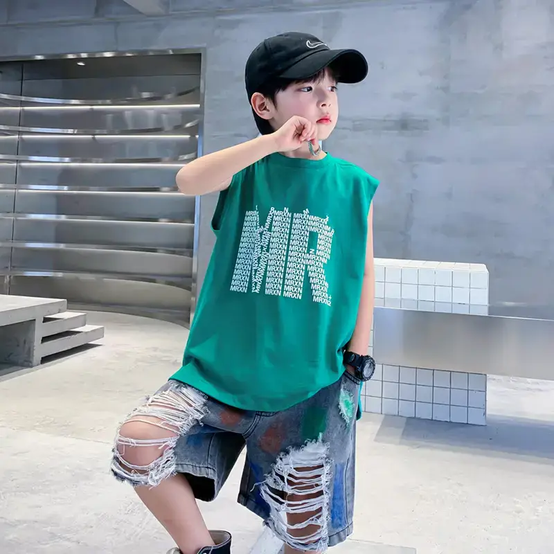 Trendy Boys Sleeveless Cotton T-Shirt Green 2023 - Image 2