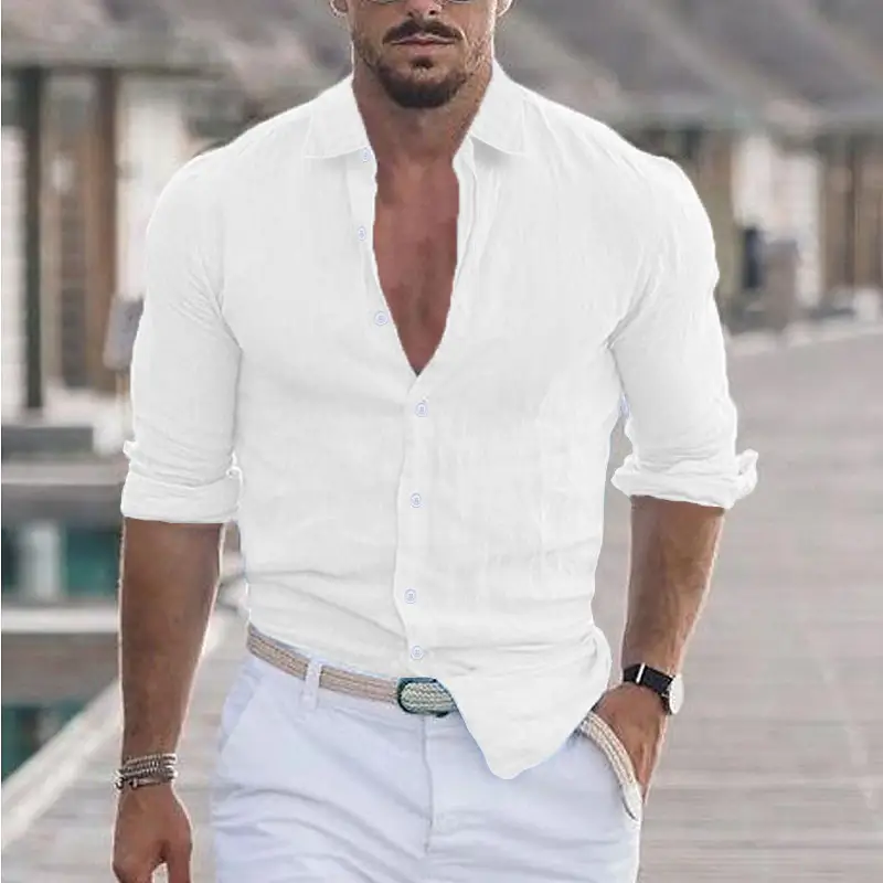 Men Navy Blue Long Sleeve Lapel Shirt Solid Color