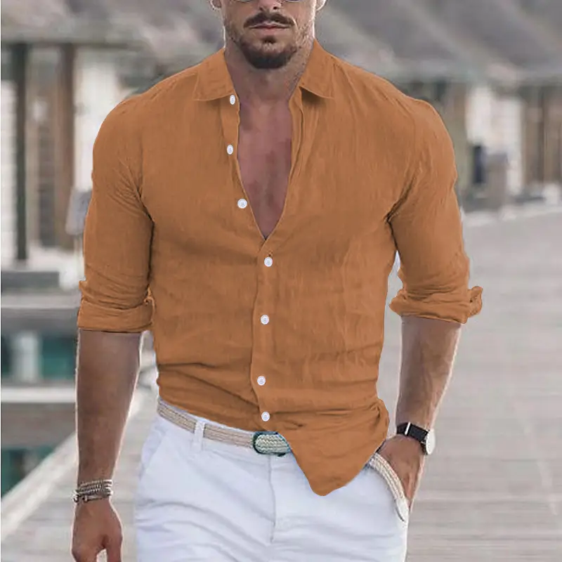 Men Navy Blue Long Sleeve Lapel Shirt Solid Color