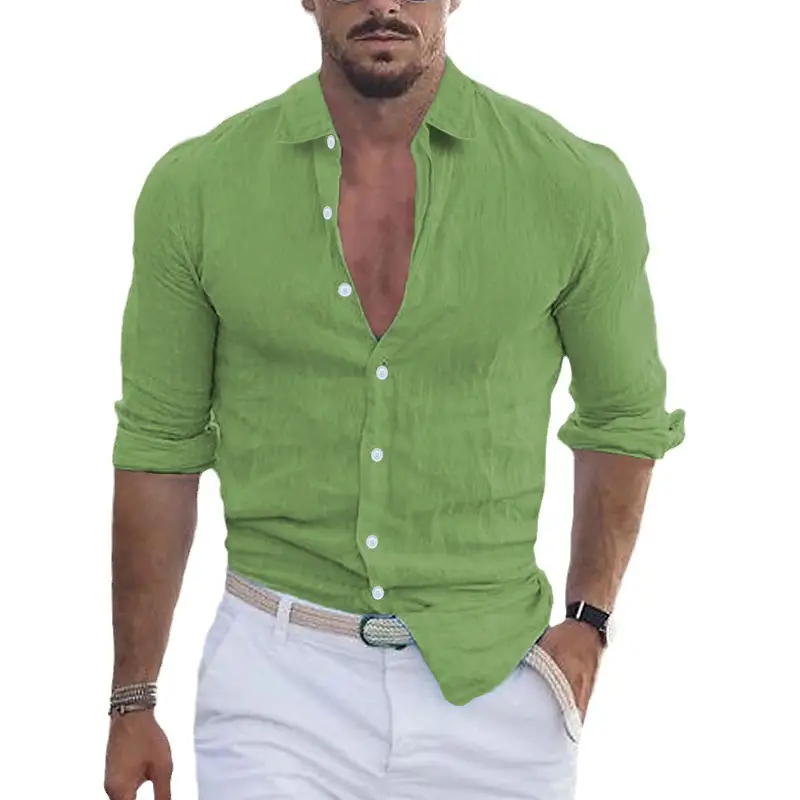 Men Navy Blue Long Sleeve Lapel Shirt Solid Color