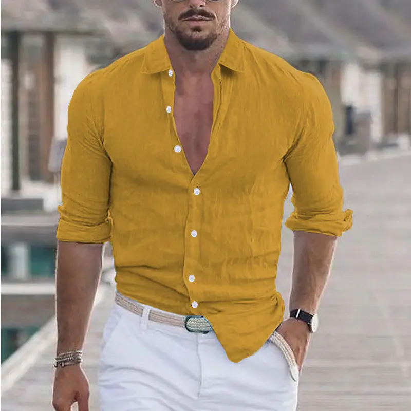 Men Navy Blue Long Sleeve Lapel Shirt Solid Color — feature 15