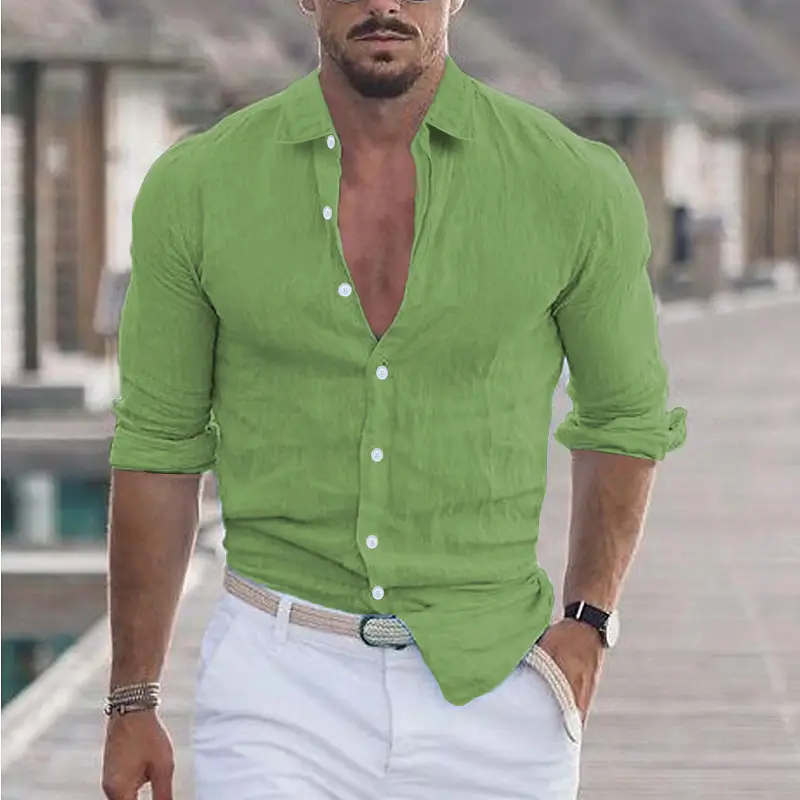 Men Navy Blue Long Sleeve Lapel Shirt Solid Color — feature 9