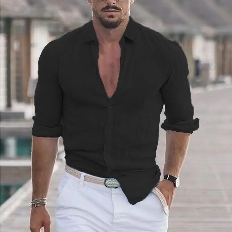 Men Navy Blue Long Sleeve Lapel Shirt Solid Color