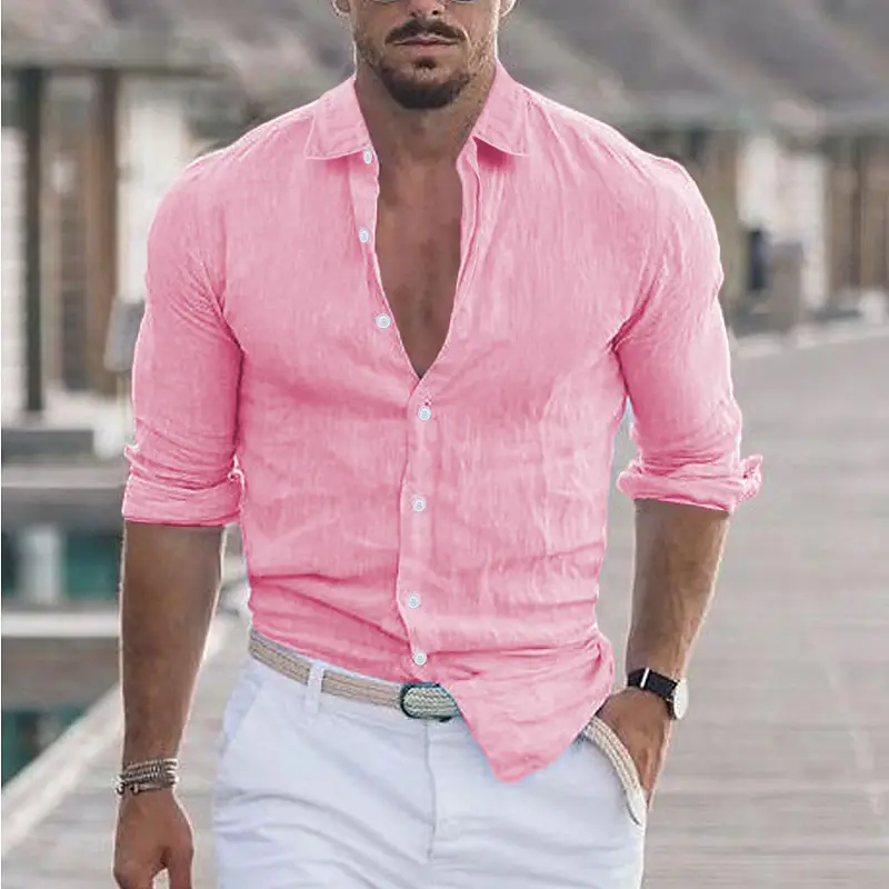 Men Navy Blue Long Sleeve Lapel Shirt Solid Color