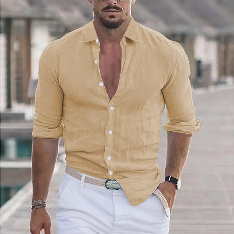 Men Navy Blue Long Sleeve Lapel Shirt Solid Color