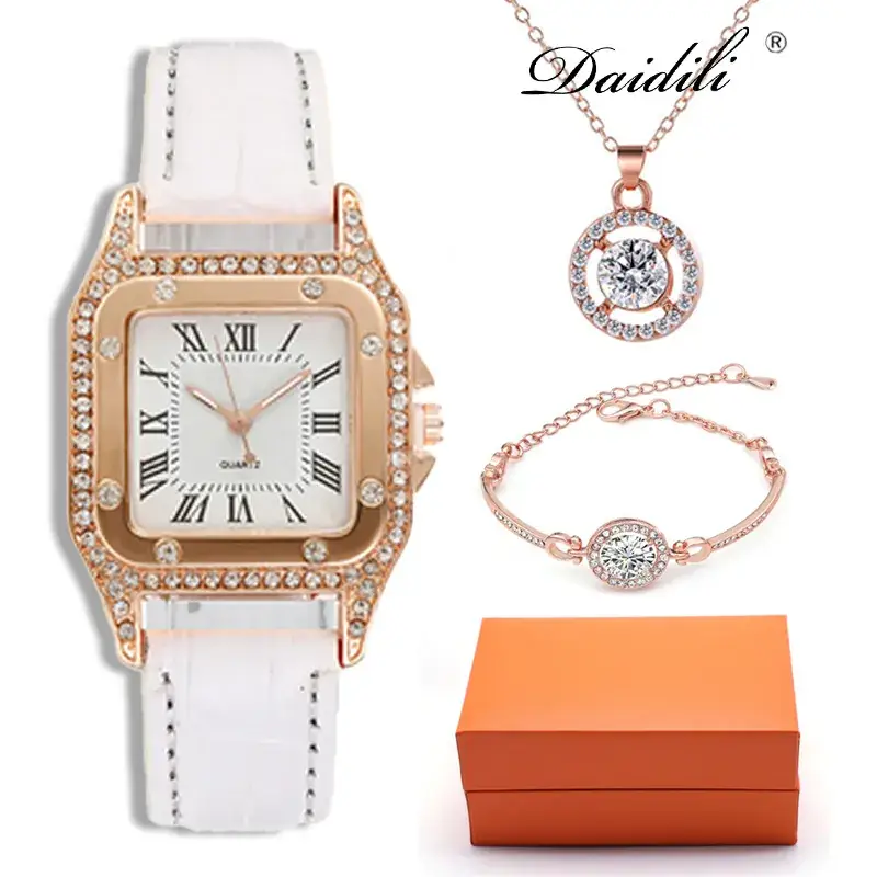 Women's Rose Gold Quartz Watch with Red Leather Strap & Diamond Necklace Set - Image 4