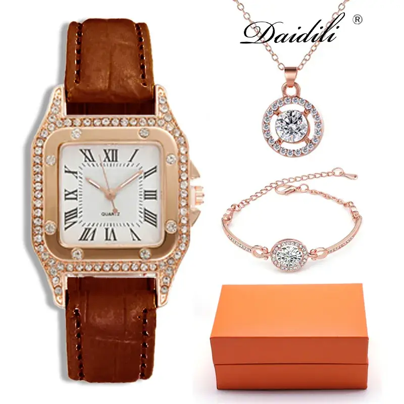 Women's Rose Gold Quartz Watch with Red Leather Strap & Diamond Necklace Set - Image 3