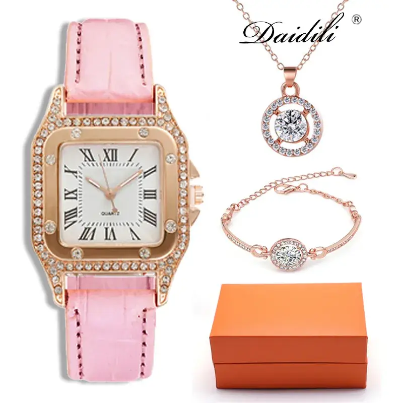 Women's Rose Gold Quartz Watch with Red Leather Strap & Diamond Necklace Set - Image 5
