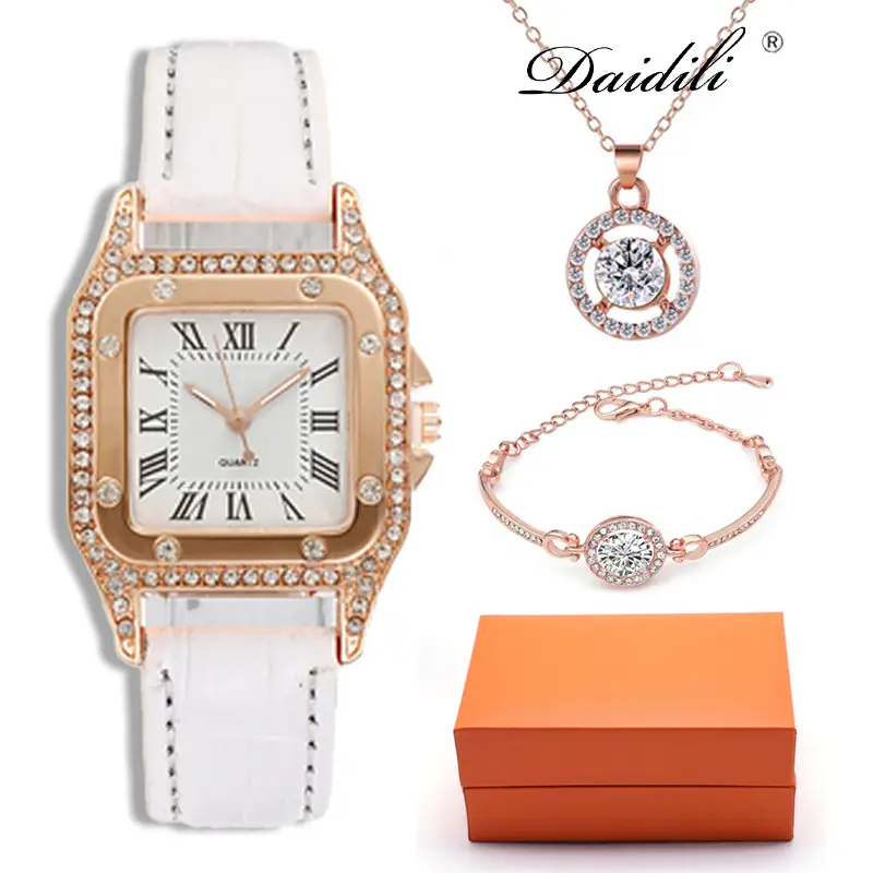 Women's Rose Gold Quartz Watch with Red Leather Strap & Diamond Necklace Set — feature 3
