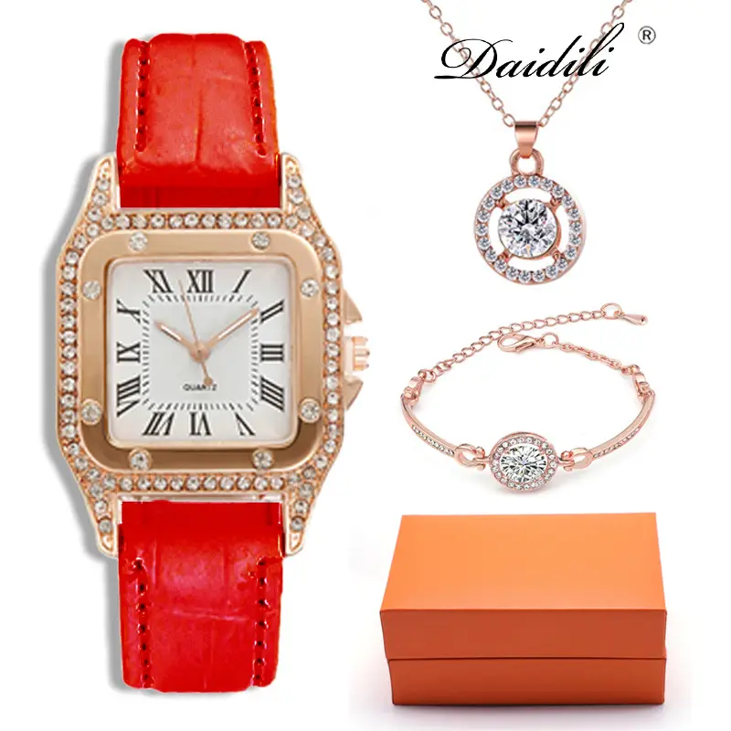 Women's Rose Gold Quartz Watch with Red Leather Strap & Diamond Necklace Set — feature 6