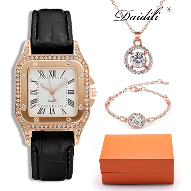 Women's Rose Gold Quartz Watch with Red Leather Strap & Diamond Necklace Set — feature 7
