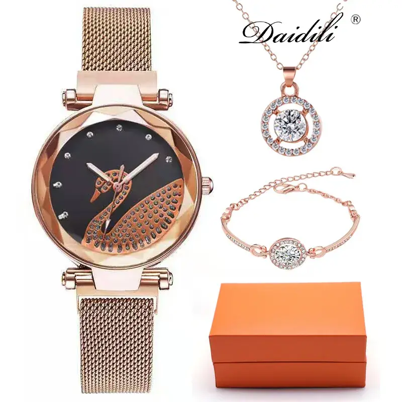 4Pcs Women's Quartz Watch Set Rose Gold Blue Dial - Image 2