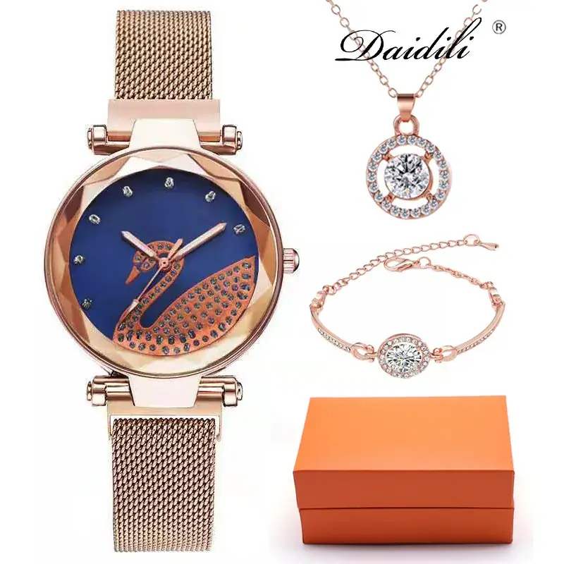4Pcs Women's Quartz Watch Set Rose Gold Blue Dial - Image 4