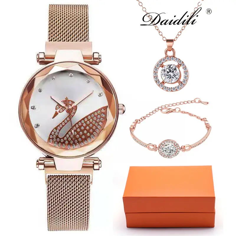 4Pcs Women's Quartz Watch Set Rose Gold Blue Dial — feature 6