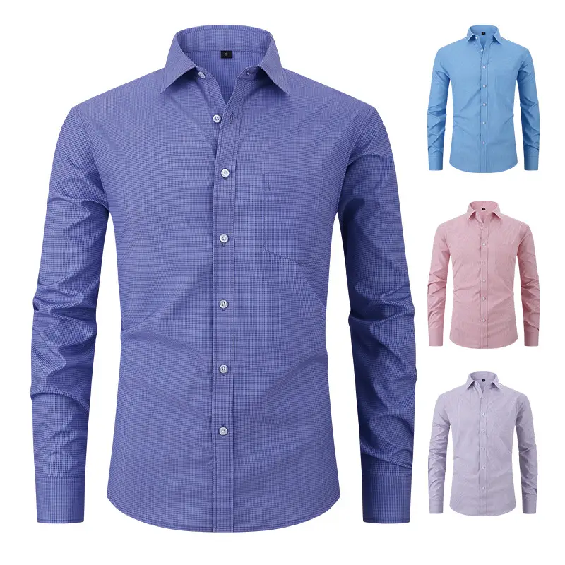 Men's Blue Plaid Button-Up Shirt Solid Color - Image 8