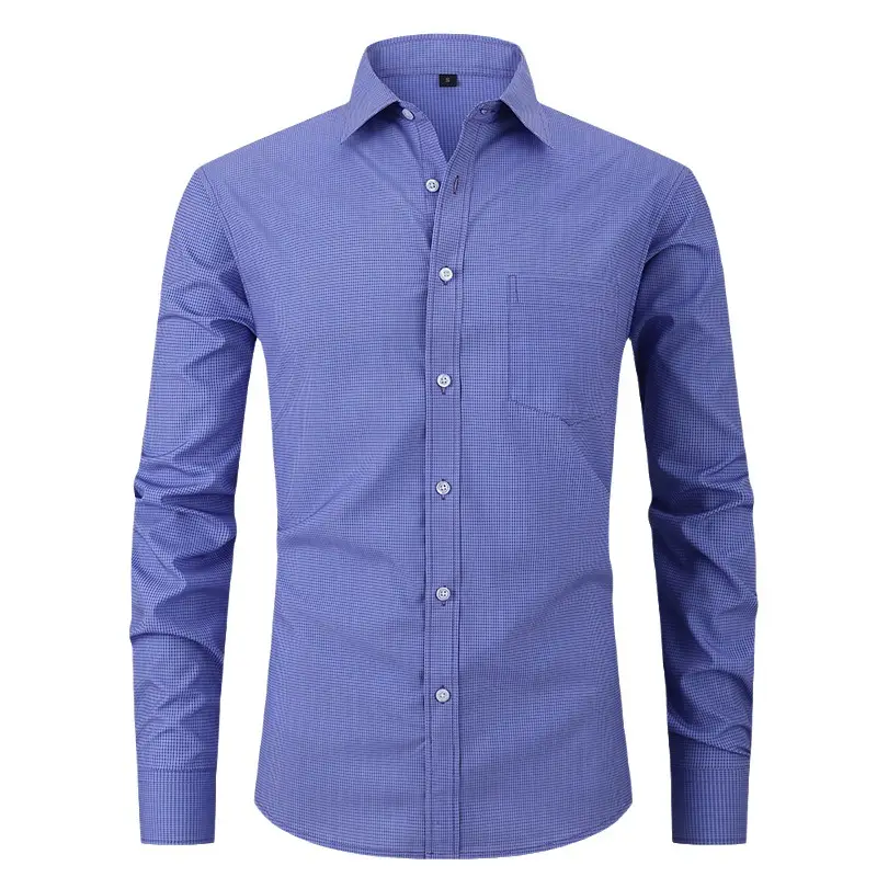 Men's Blue Plaid Button-Up Shirt Solid Color - Image 11