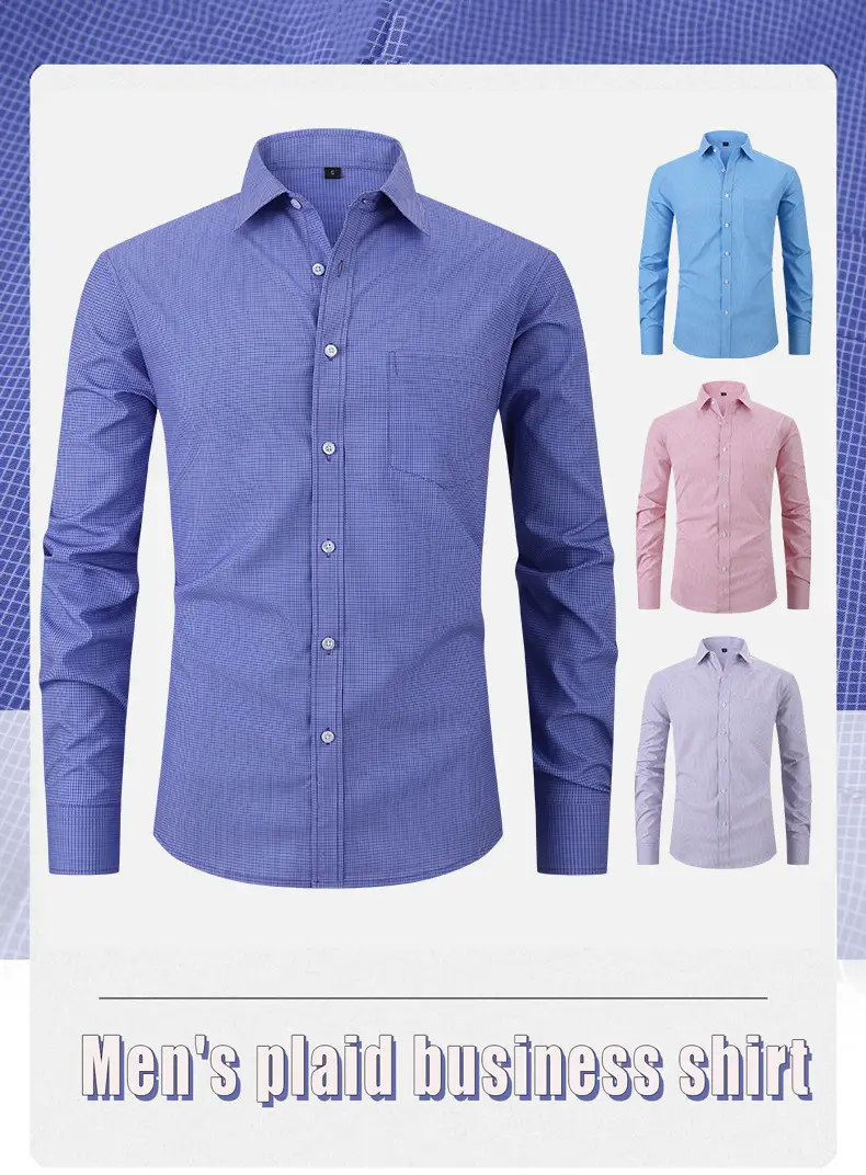 Men's Blue Plaid Button-Up Shirt Solid Color — feature 17