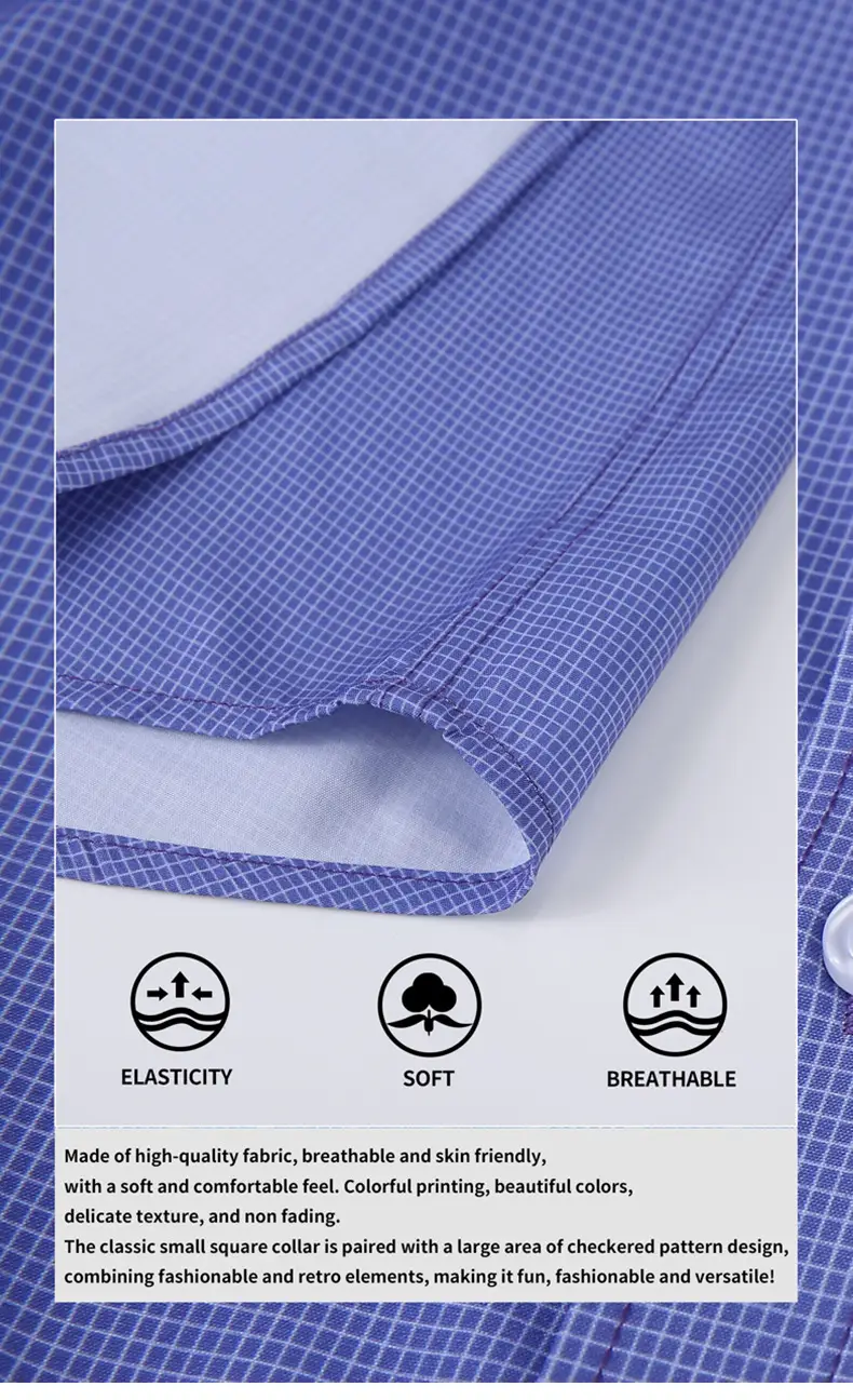 Men's Blue Plaid Button-Up Shirt Solid Color — feature 19