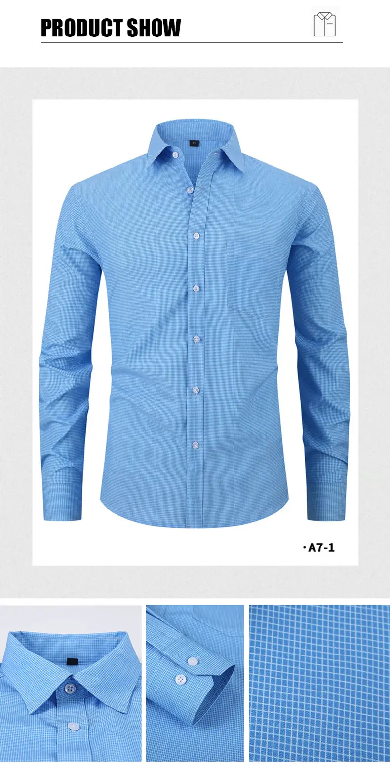 Men's Blue Plaid Button-Up Shirt Solid Color — feature 26