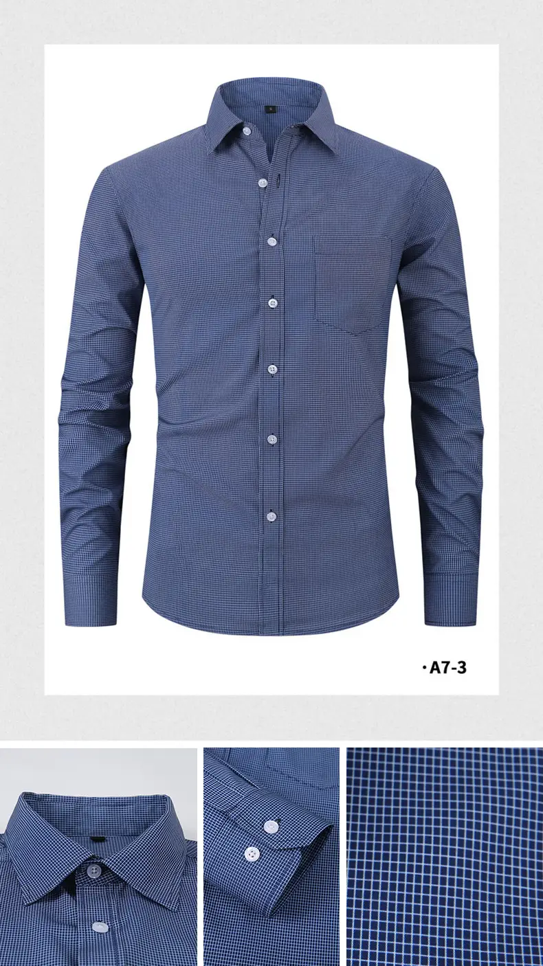 Men's Blue Plaid Button-Up Shirt Solid Color — feature 28