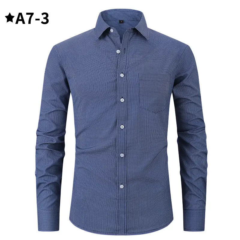 Men's Blue Plaid Button-Up Shirt Solid Color - Image 3