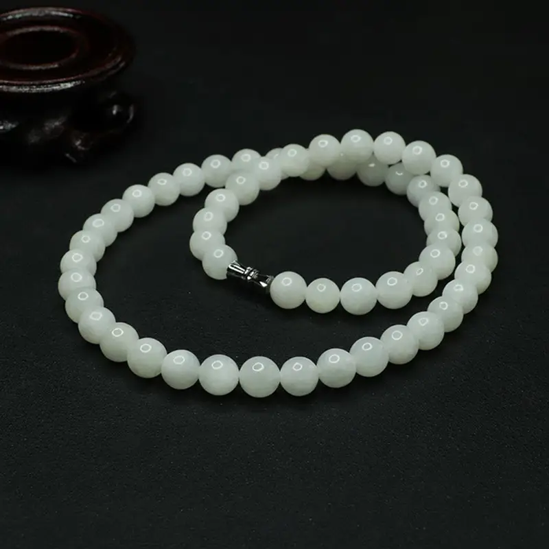 White Jade Buddhist Necklace with Round Beads - Image 3