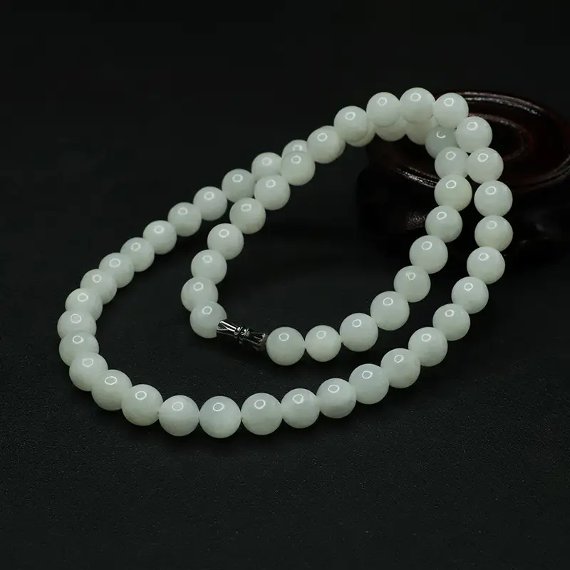 White Jade Buddhist Necklace with Round Beads - Image 4
