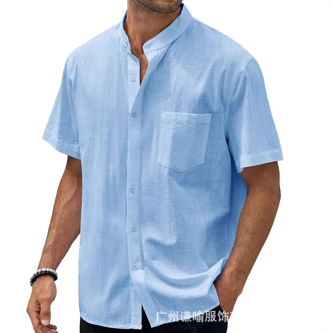 Men Navy Blue Cotton Short Sleeve Button Down Shirt - Image 22