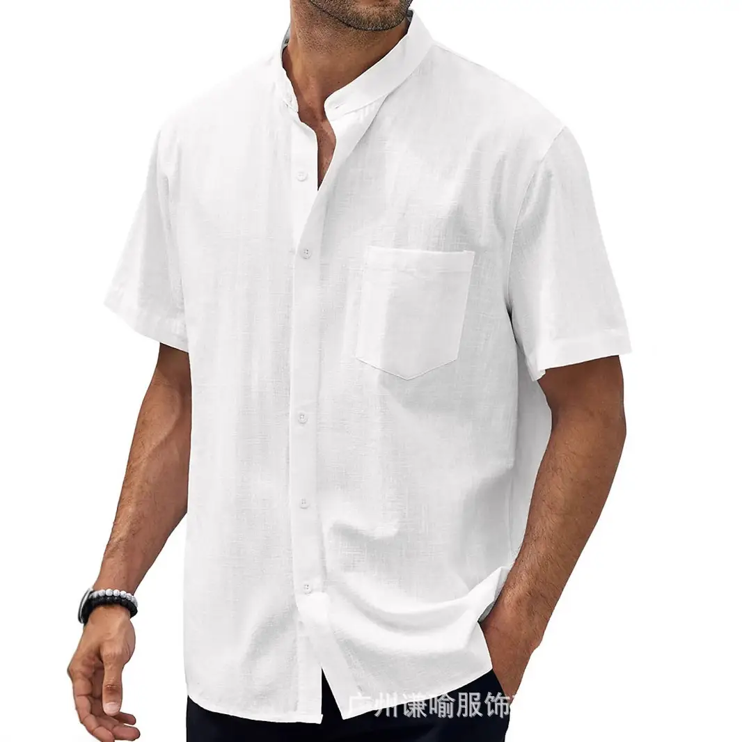 Men Navy Blue Cotton Short Sleeve Button Down Shirt - Image 23
