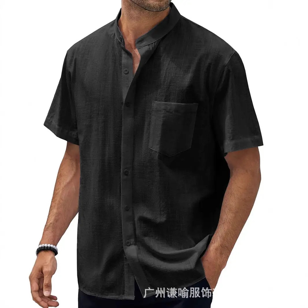 Men Navy Blue Cotton Short Sleeve Button Down Shirt - Image 24
