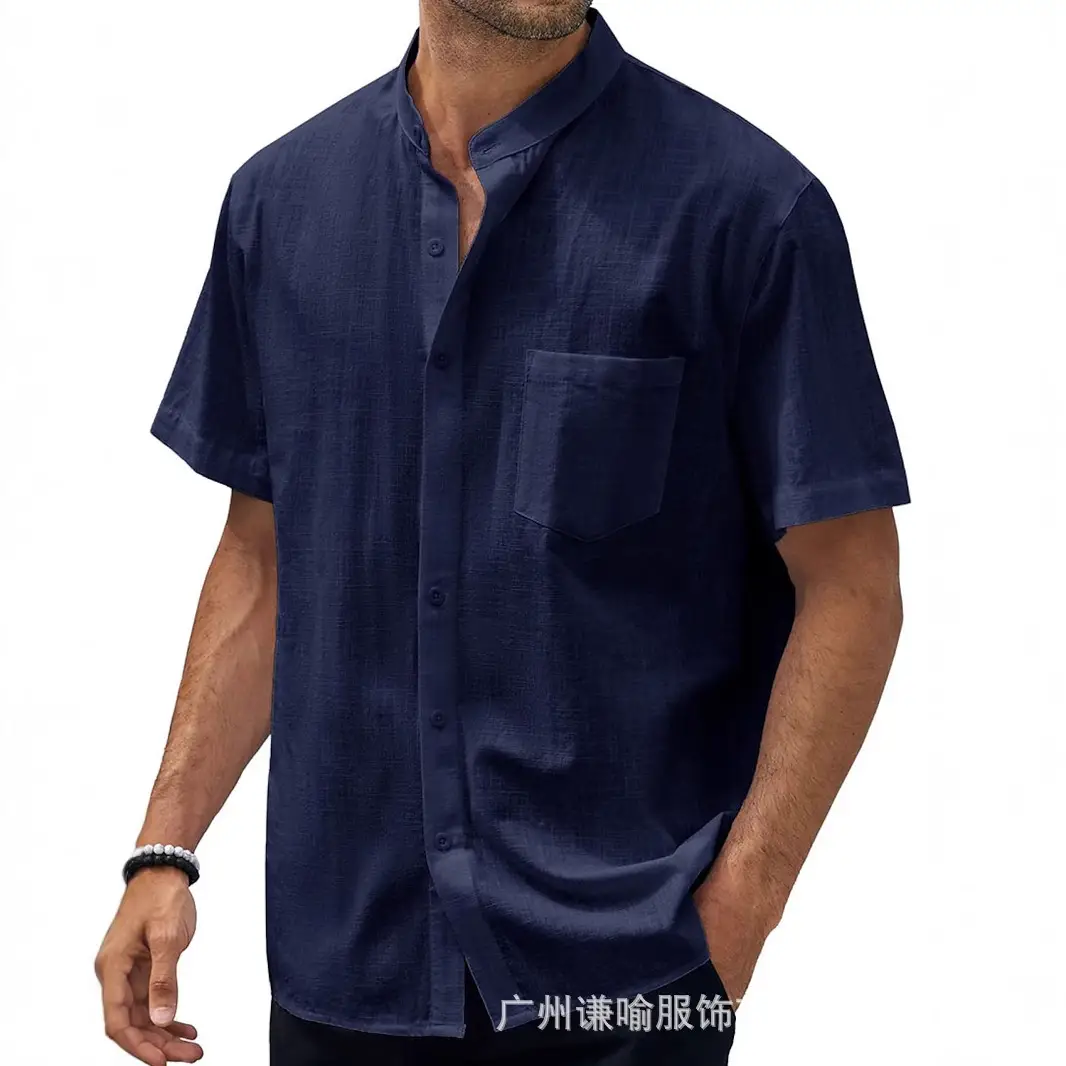 Men Navy Blue Cotton Short Sleeve Button Down Shirt - Image 26