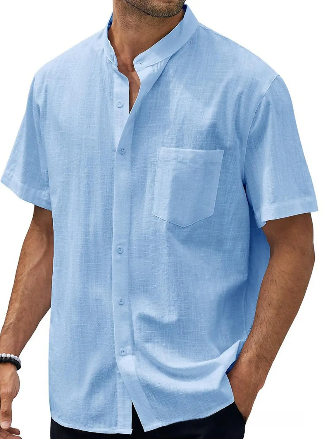 Men Navy Blue Cotton Short Sleeve Button Down Shirt - Image 6