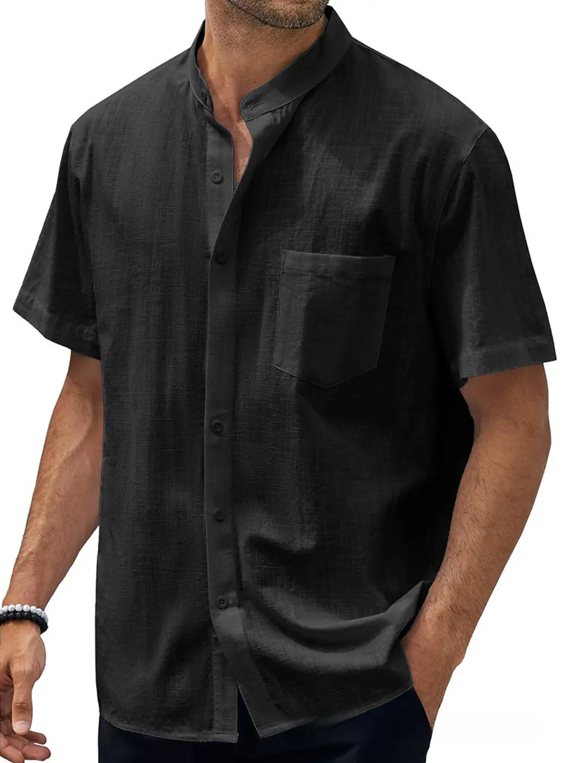 Men Navy Blue Cotton Short Sleeve Button Down Shirt - Image 11