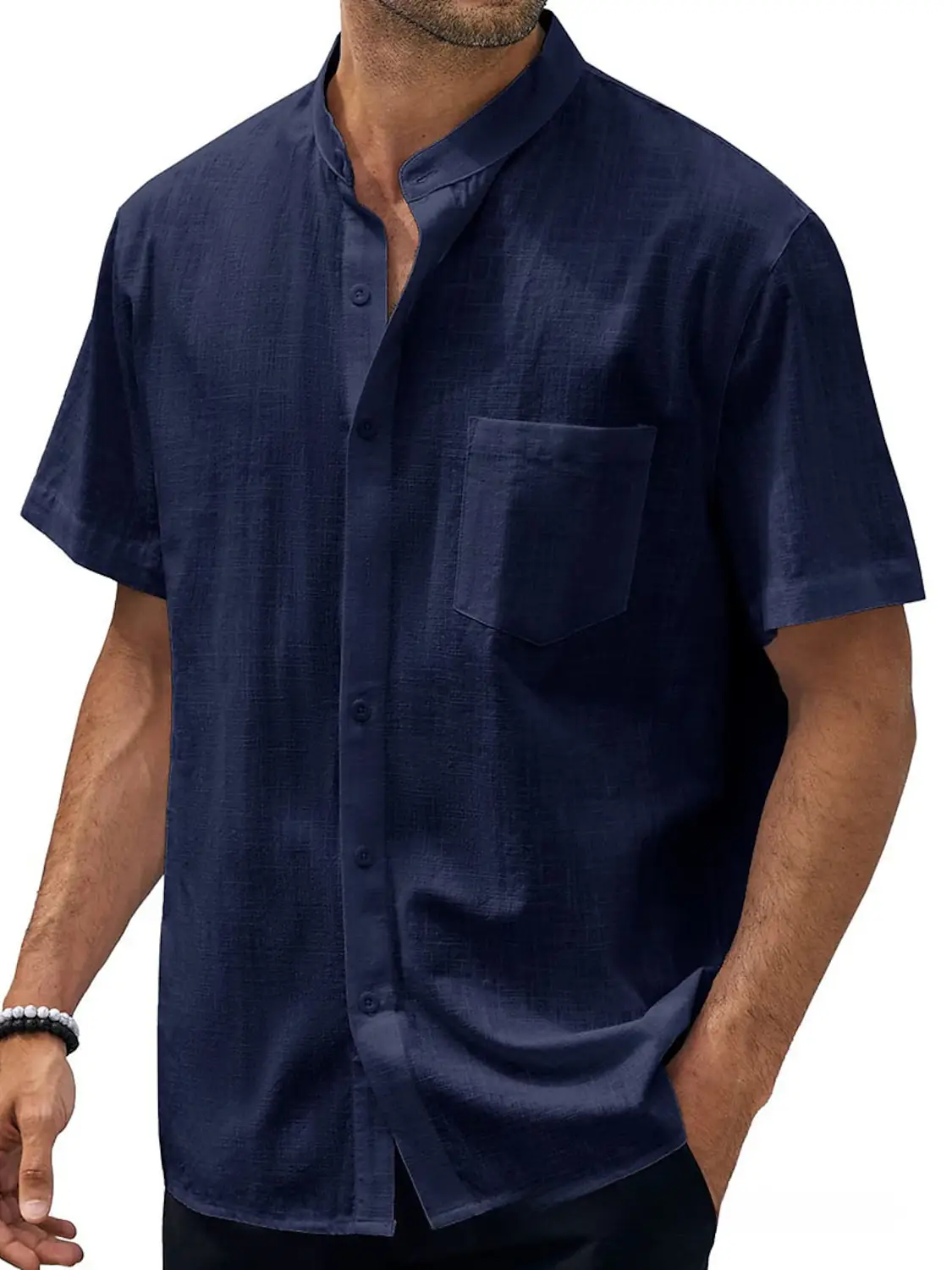 Men Navy Blue Cotton Short Sleeve Button Down Shirt - Image 13