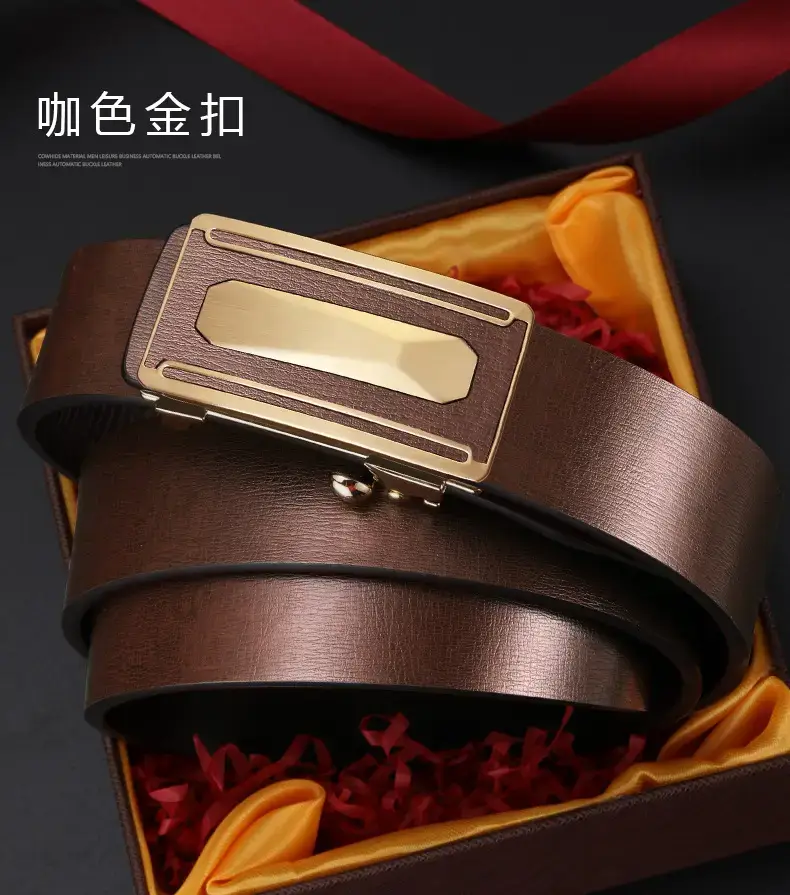 2023 Men's Genuine Leather Buckle Belt Brown Gold — feature 14