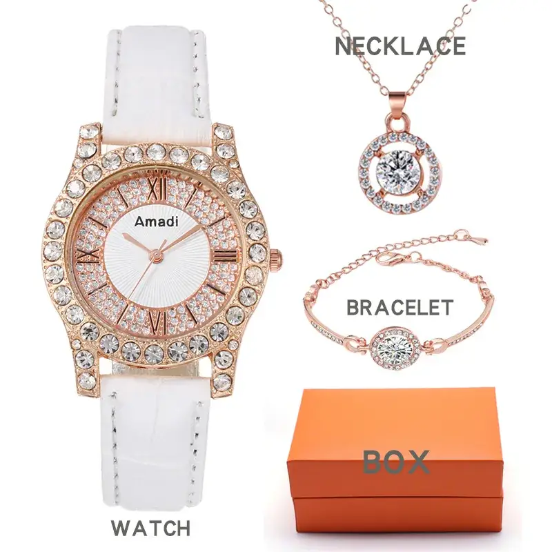 Women's 3PC Quartz Watch Set Pink Crystal Bracelet Necklace Watch - Image 4