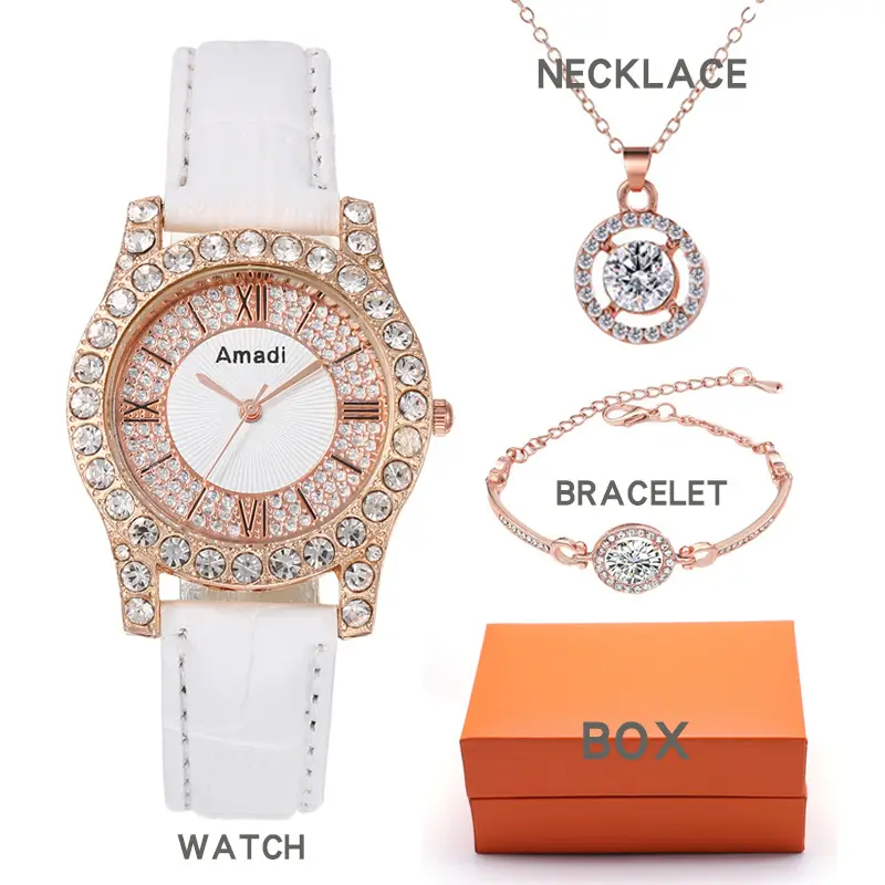 Women's 3PC Quartz Watch Set Pink Crystal Bracelet Necklace Watch — feature 3