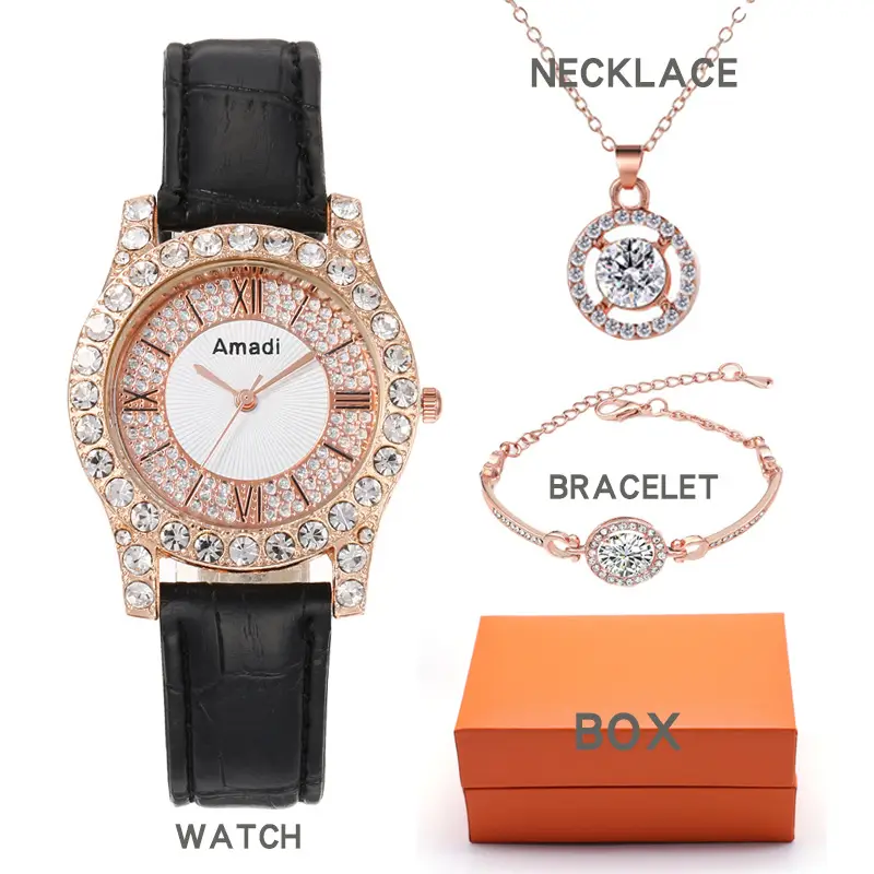 Women's 3PC Quartz Watch Set Pink Crystal Bracelet Necklace Watch — feature 4