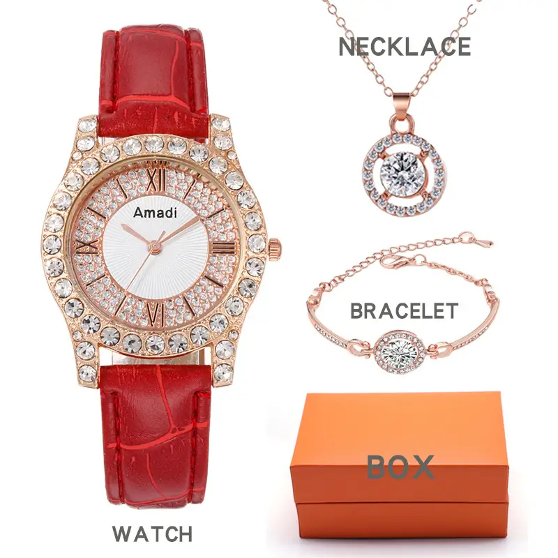 Women's 3PC Quartz Watch Set Pink Crystal Bracelet Necklace Watch — feature 5