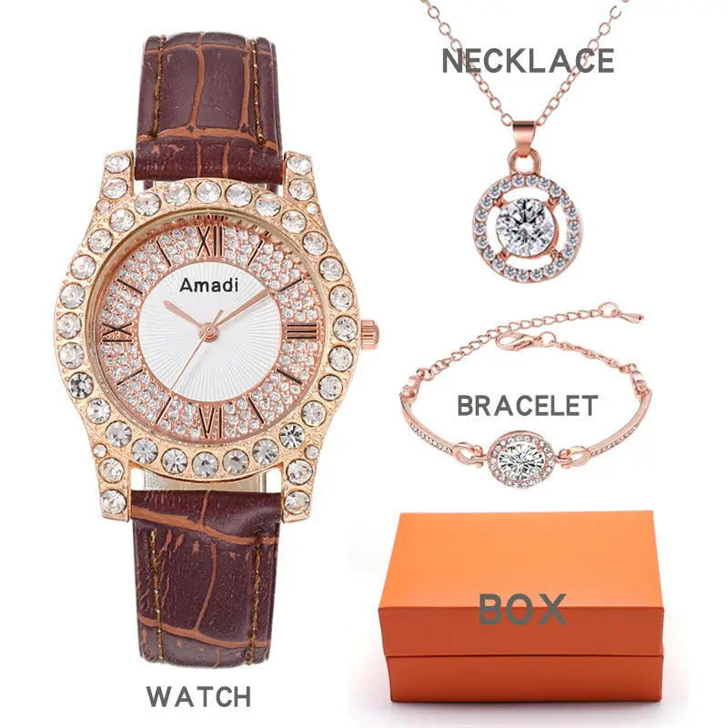 Women's 3PC Quartz Watch Set Pink Crystal Bracelet Necklace Watch — feature 6
