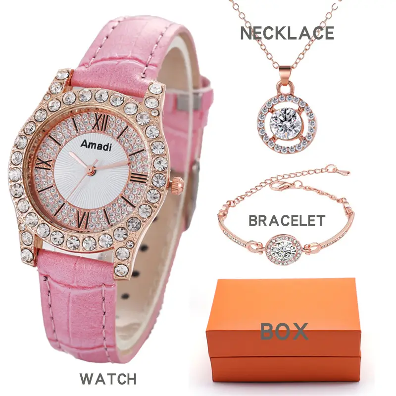 Women's 3PC Quartz Watch Set Pink Crystal Bracelet Necklace Watch — feature 7
