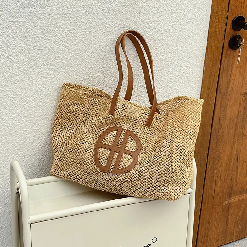 Women's Straw Tote Bag with Logo, 2025 Summer Casual Commuter - Image 4