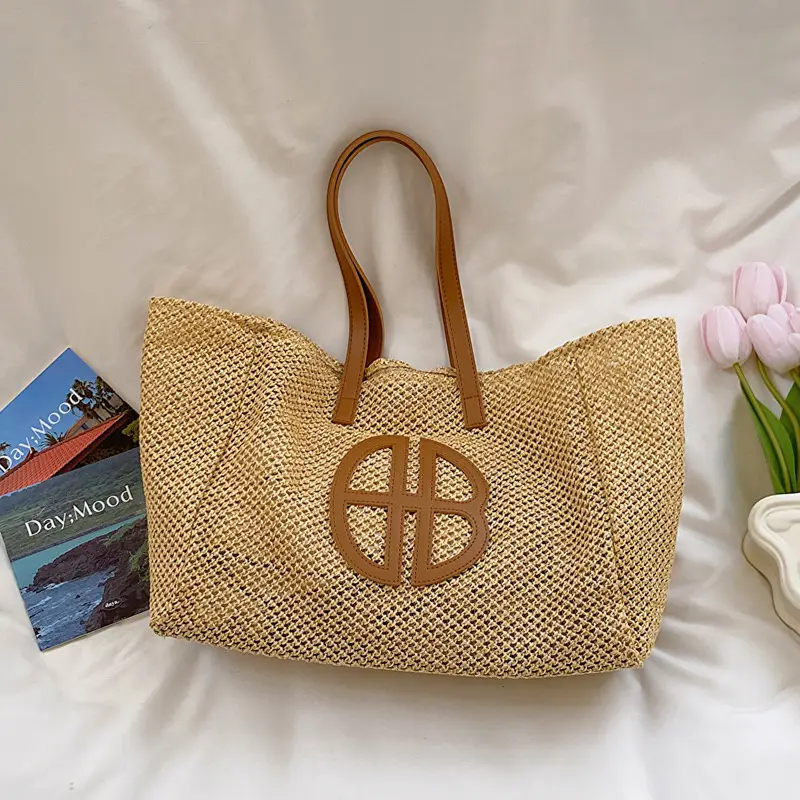 Women's Straw Tote Bag with Logo, 2025 Summer Casual Commuter - Image 2