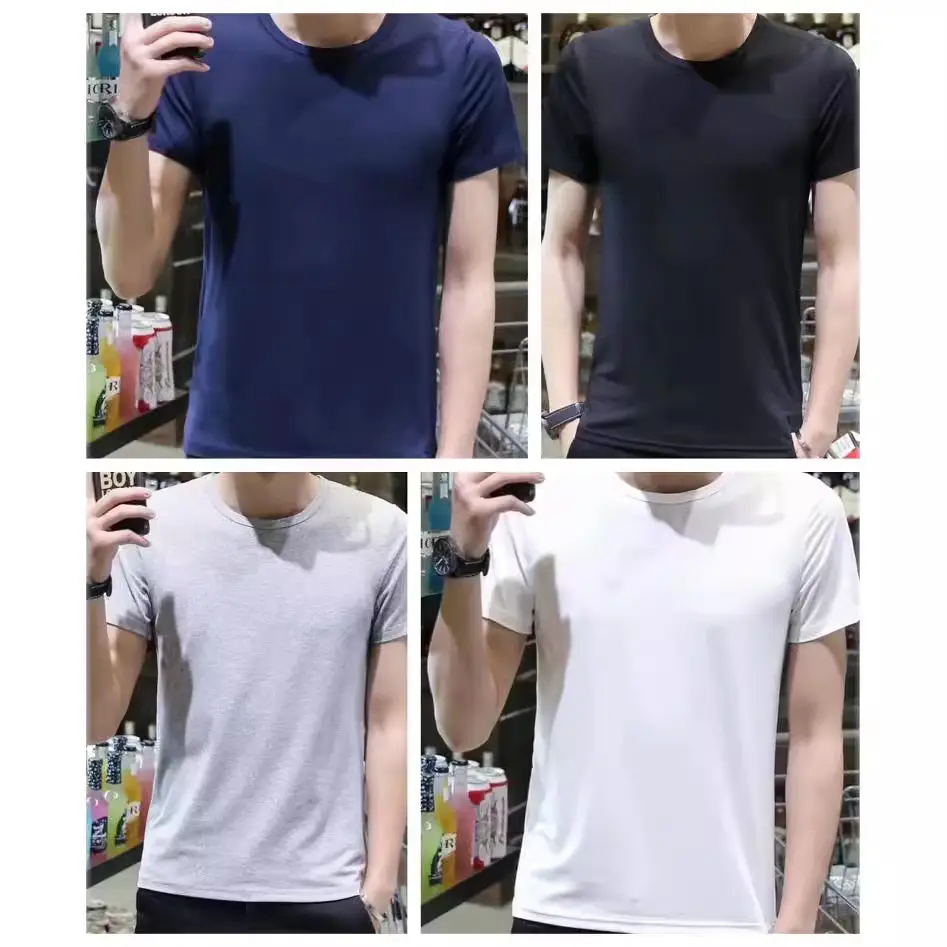 Men White Short Sleeve T-Shirt Round Neck Thin Elastic - Image 5