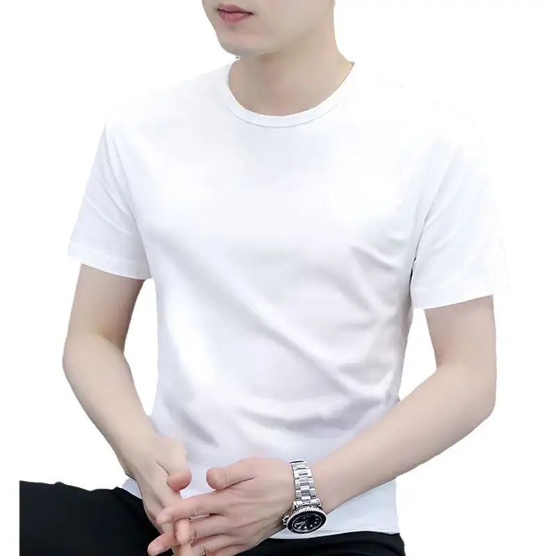 Men White Short Sleeve T-Shirt Round Neck Thin Elastic - Image 9